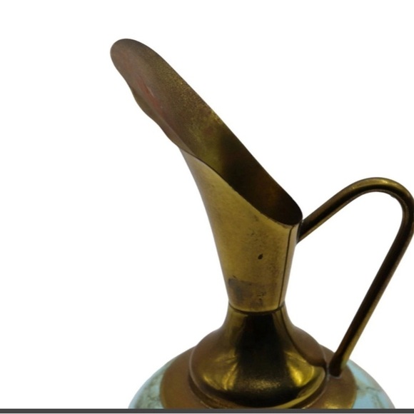 Mid Century Delft Holland Hand Painted Turquoise and Brass Gourd Pitcher Vase - Picture 2 of 5